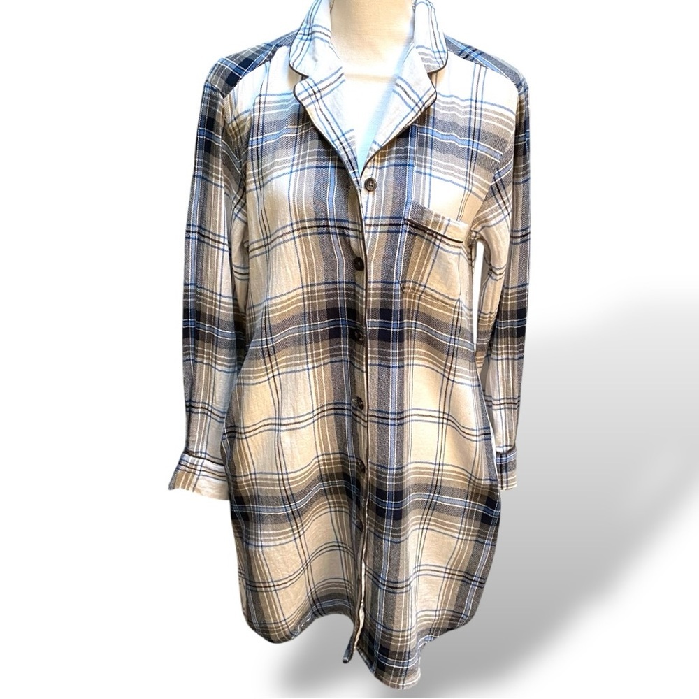 White and Blue Plaid What a Lovely Flannel Shirt Dresss with Pockets - Picture 1 of 3
